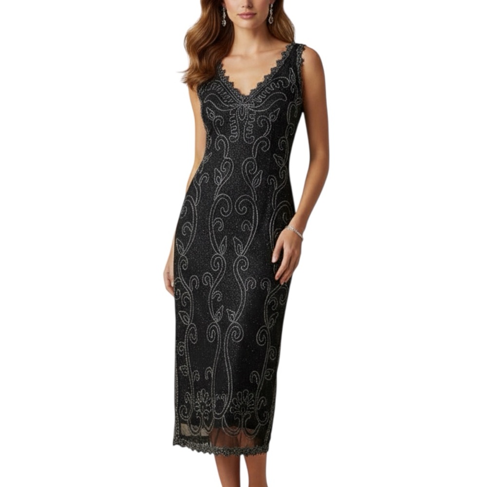 Sun Li Joy Black Semi-Sheer Metallic Ribbon Sleeveless Midi Evening Dress Large